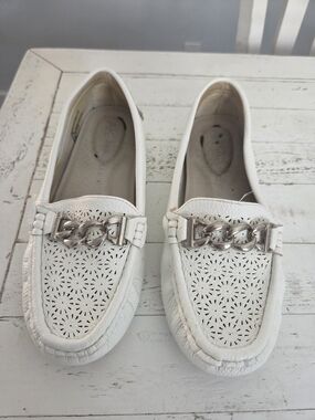 Anne Klein Flex White Perforated Loafers with Silver Chain Accent